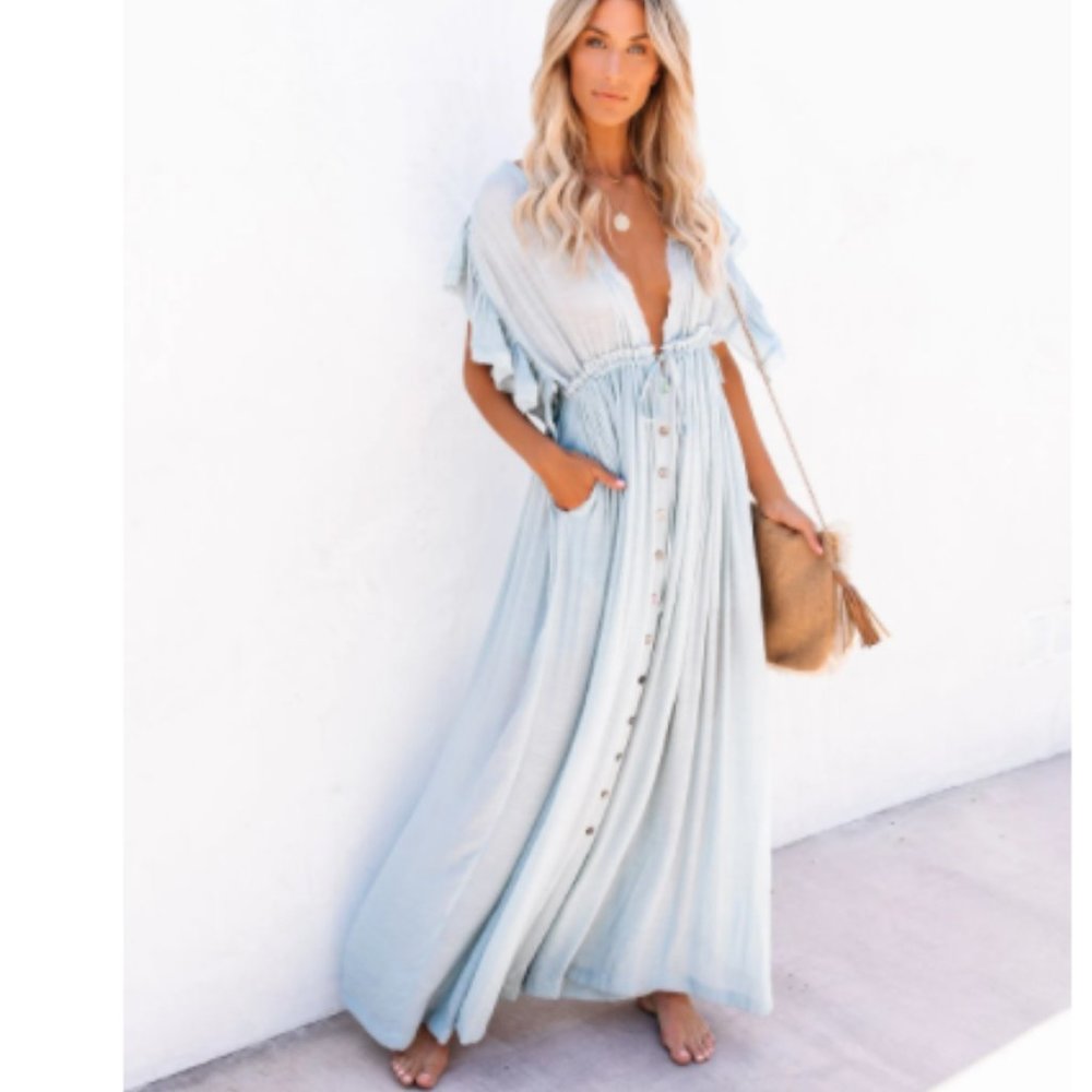ABERDINE Pocketed Button Front Maxi Dress
